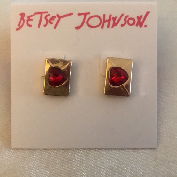 Betsey Johnson Gold Tone Envelope Stud Earrings Red Crystal Heart Accent NWT - Picture 5 of 12